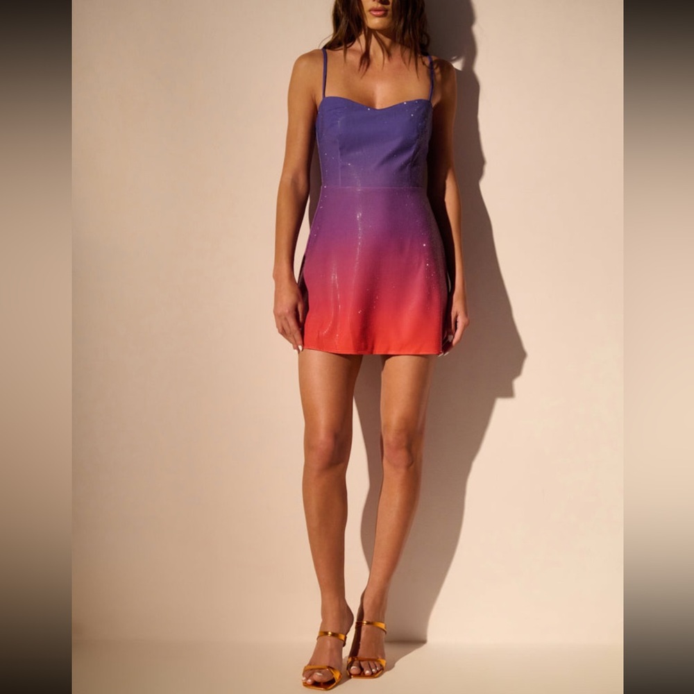 NWT Sunset Lovers Ombre Gradient Sparkly Rhinestone Mini Dress Purple Pink Red L - Picture 10 of 10
